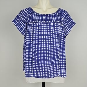 Alfred Sung Women's Blue White Checkered Gingham Short Sleeves Blouse Size Large